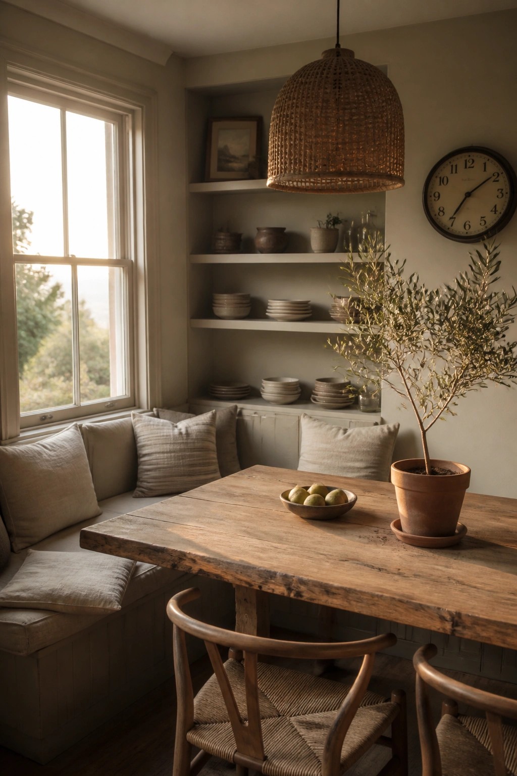 A dining nook with a wooden table, built-in bench seating with pillows, open shelves displaying dishes, and a potted plant near a window.