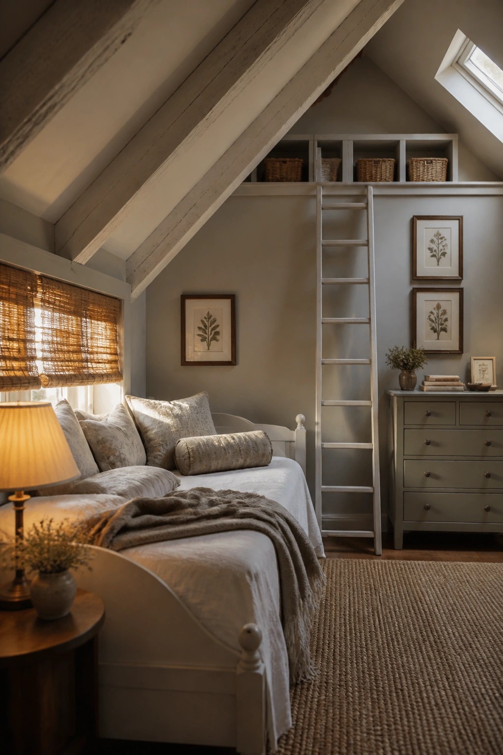 An attic bedroom with a white daybed under built-in open shelves holding baskets, a white ladder leaning against the wall, and a sage green dresser to the right.
