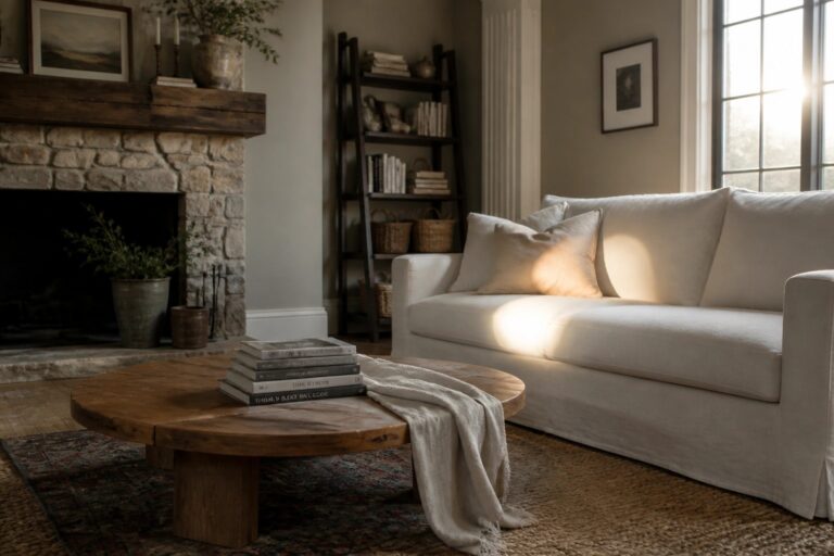 24 Rustic Greige Farmhouse Paint Colors for a Soft Layered Look Cozy living room with white sofa, round wooden table, stone fireplace, and sunlit rug.