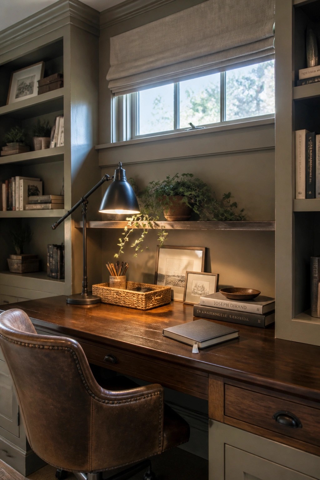 A home office featuring built-in shelves and a desk painted in muted greige, with a dark wood desk surface and leather chair in front of a window.