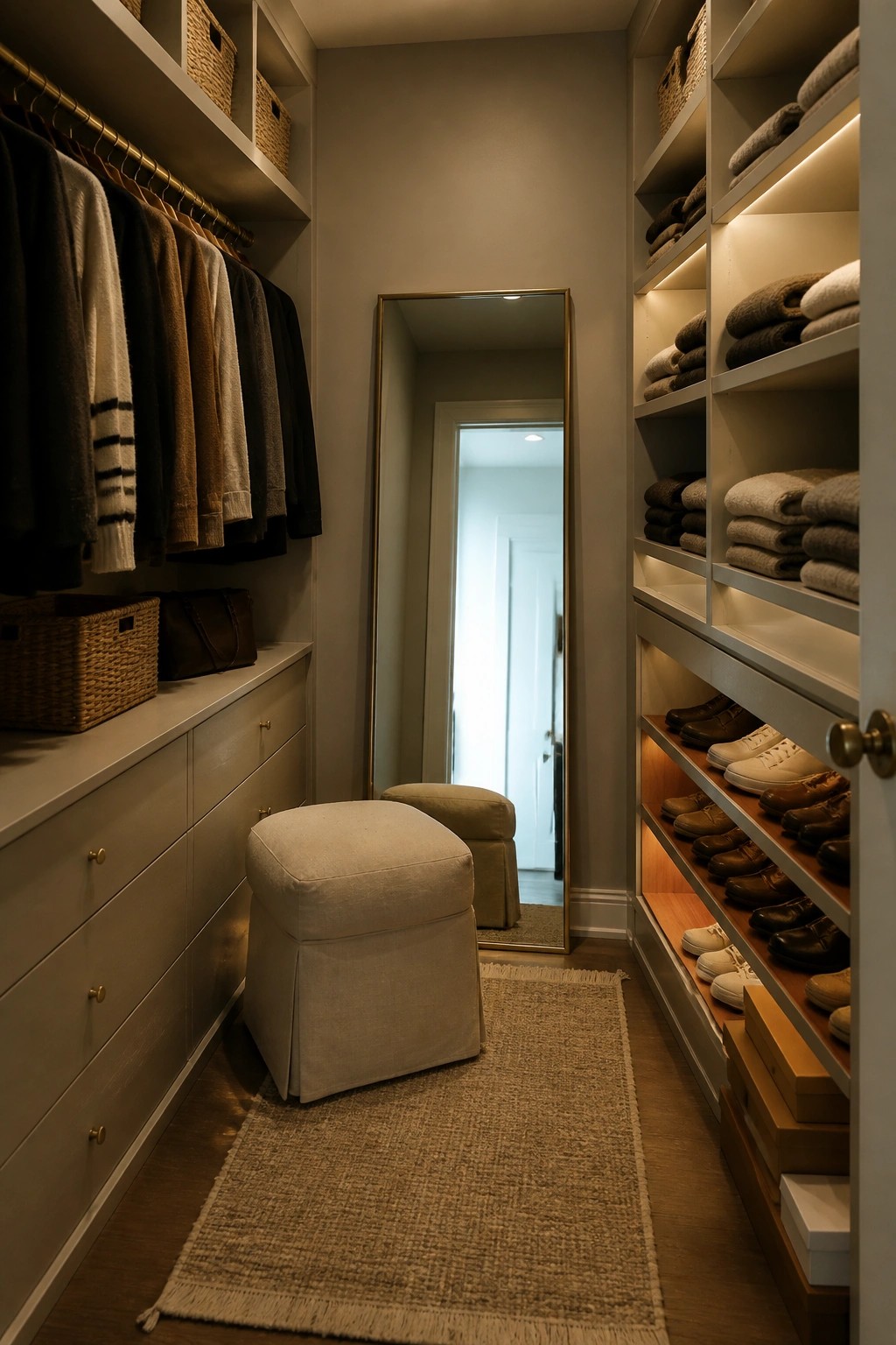 A narrow walk-in closet with light greige built-in shelves, drawers, hanging rods, shoe shelves, a full-length mirror, and an upholstered ottoman on a woven rug.
