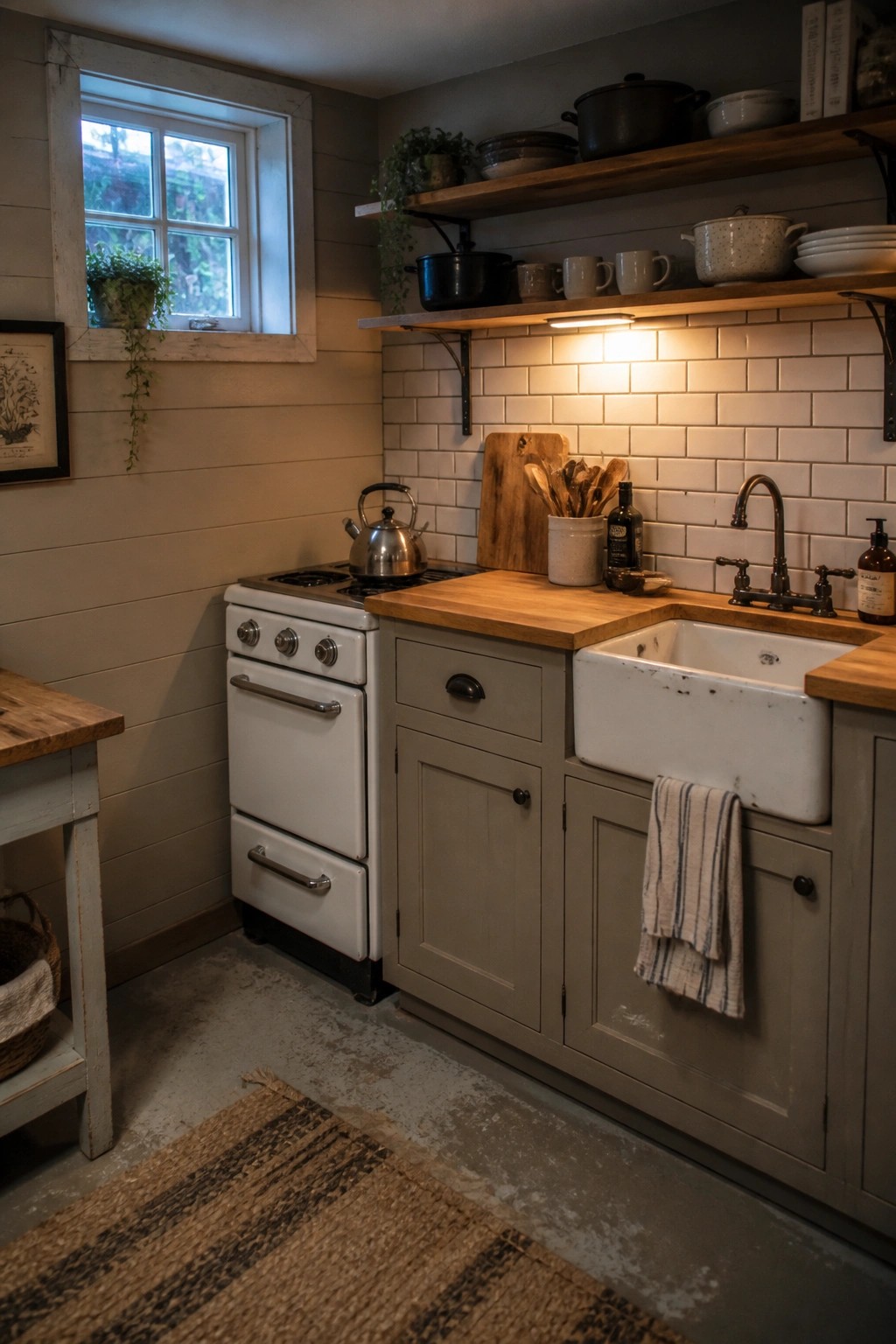 A kitchen corner with greige painted cabinets, a white farmhouse sink, wood countertops, a stainless stove, and open wood shelves above a white subway tile backsplash.