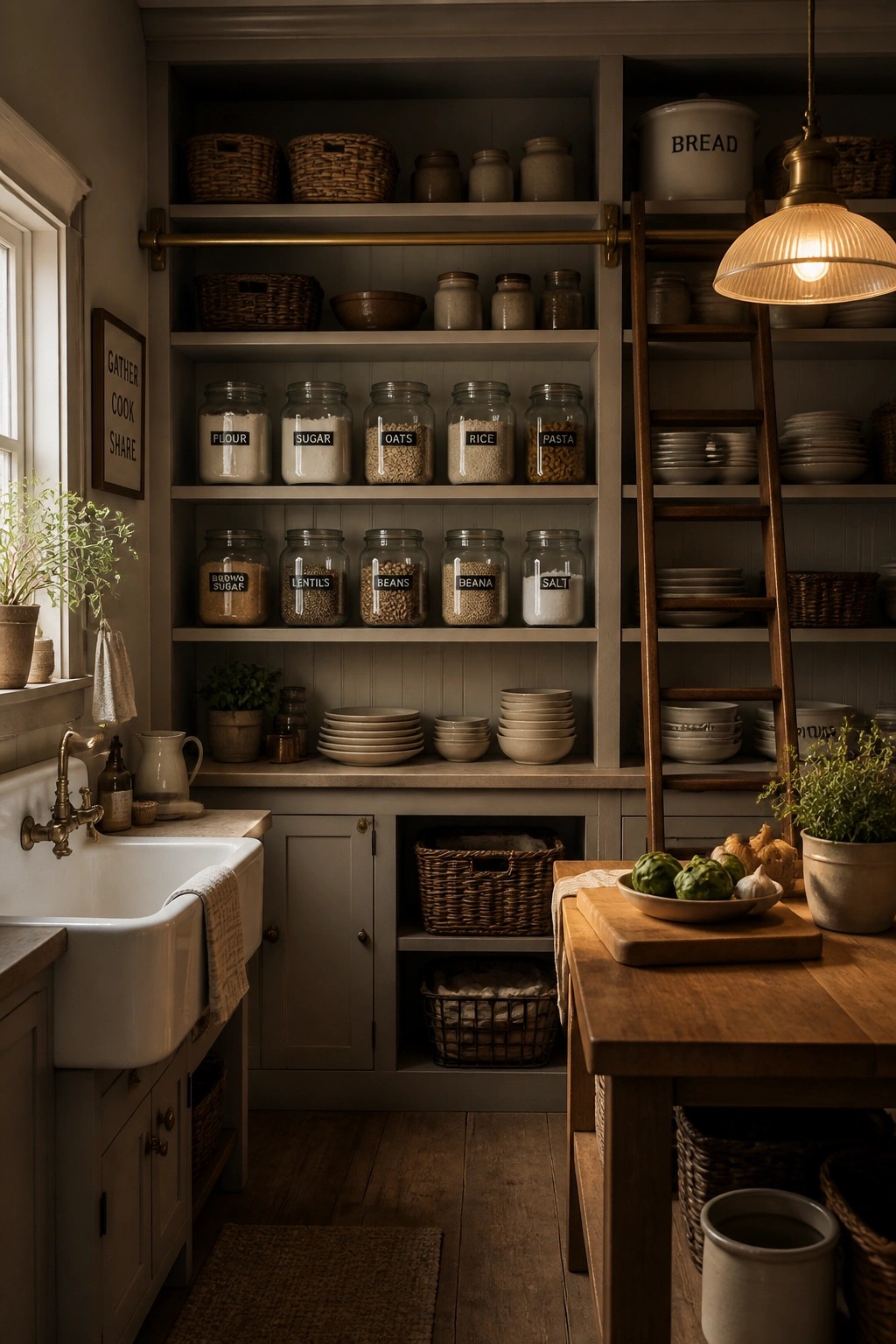 A kitchen pantry with greige lower cabinets and open wooden shelves holding labeled glass jars, woven baskets, and a leaning wooden ladder, with a white farmhouse sink visible to the left.