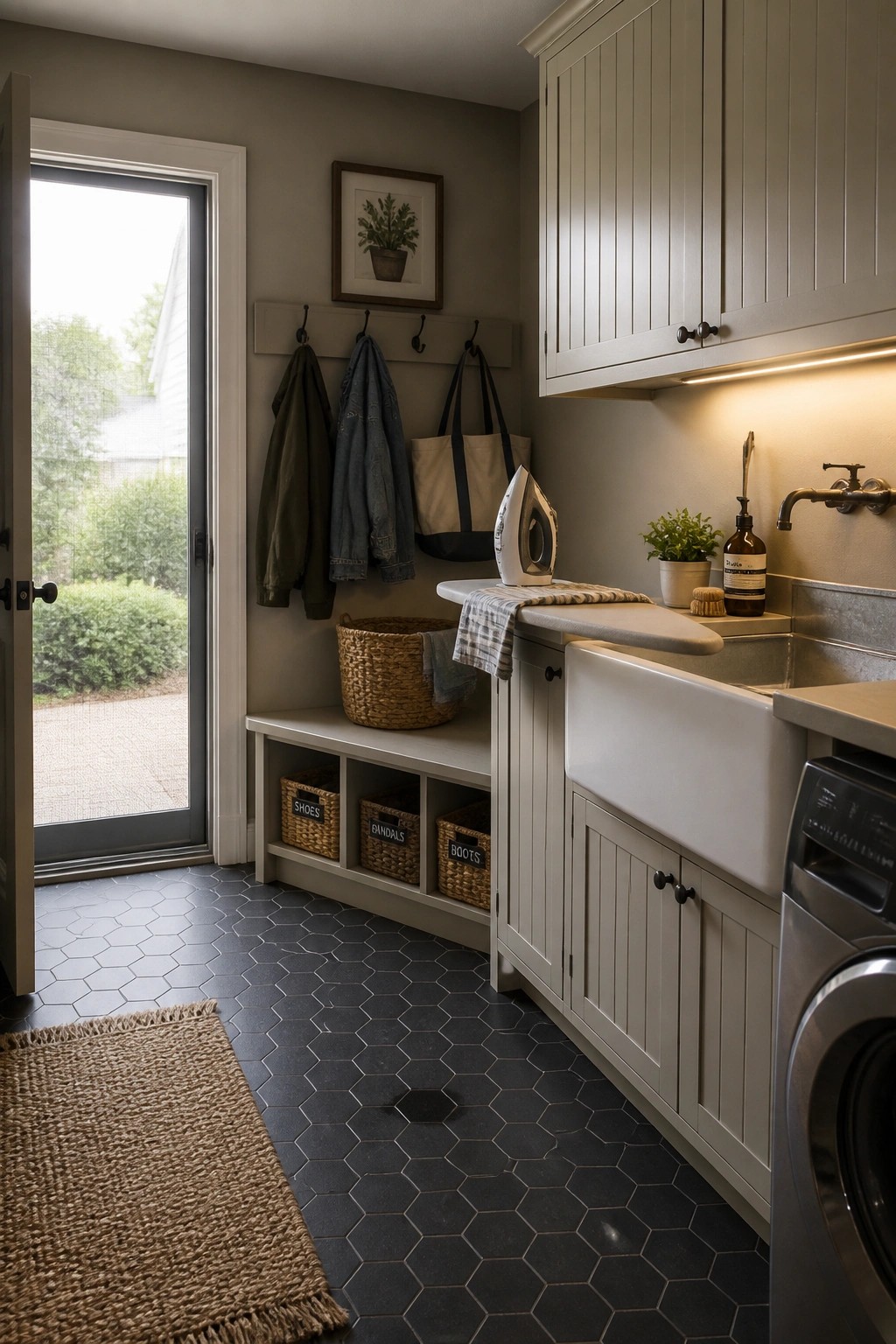 A mudroom interior with greige painted cabinets, a farmhouse sink, wall hooks, and a washing machine beside an open exterior door.