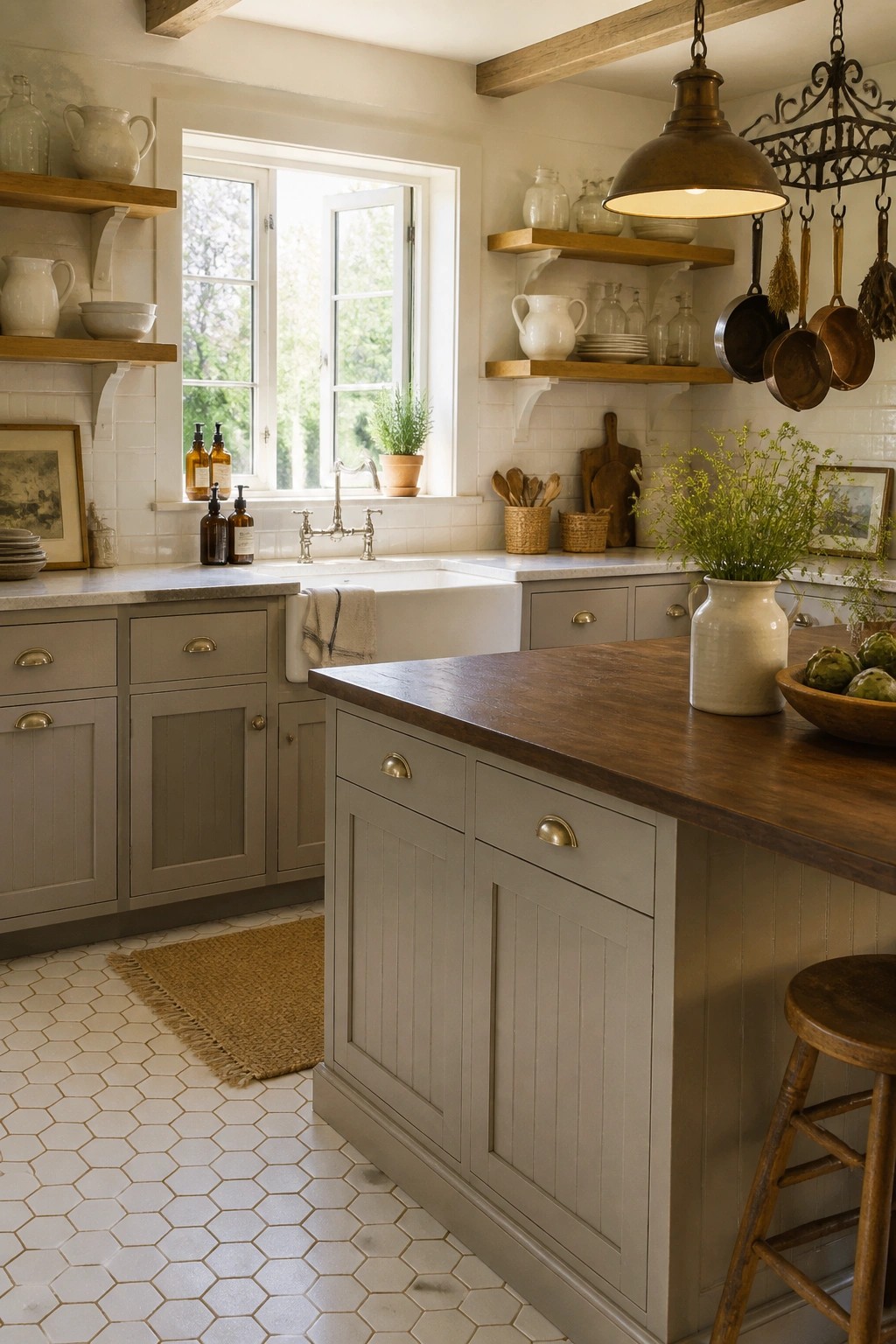 A kitchen with greige painted cabinets, a dark wood island, white subway tile backsplash, farmhouse sink, and open shelving.