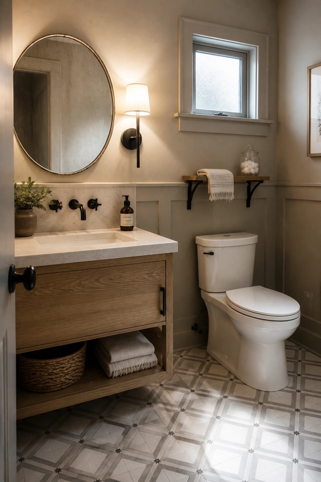 A bathroom with greige painted walls above white wainscoting, a wooden vanity with marble top, a round mirror, and a white toilet on patterned tile.