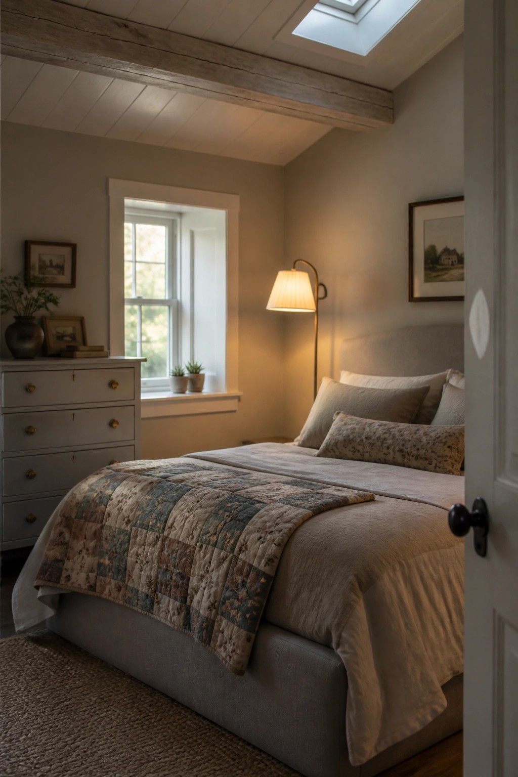 A bedroom interior with greige painted walls, a white-trimmed window, a wooden ceiling beam, a bed with layered neutral linens and a patchwork quilt, and a tall floor lamp.