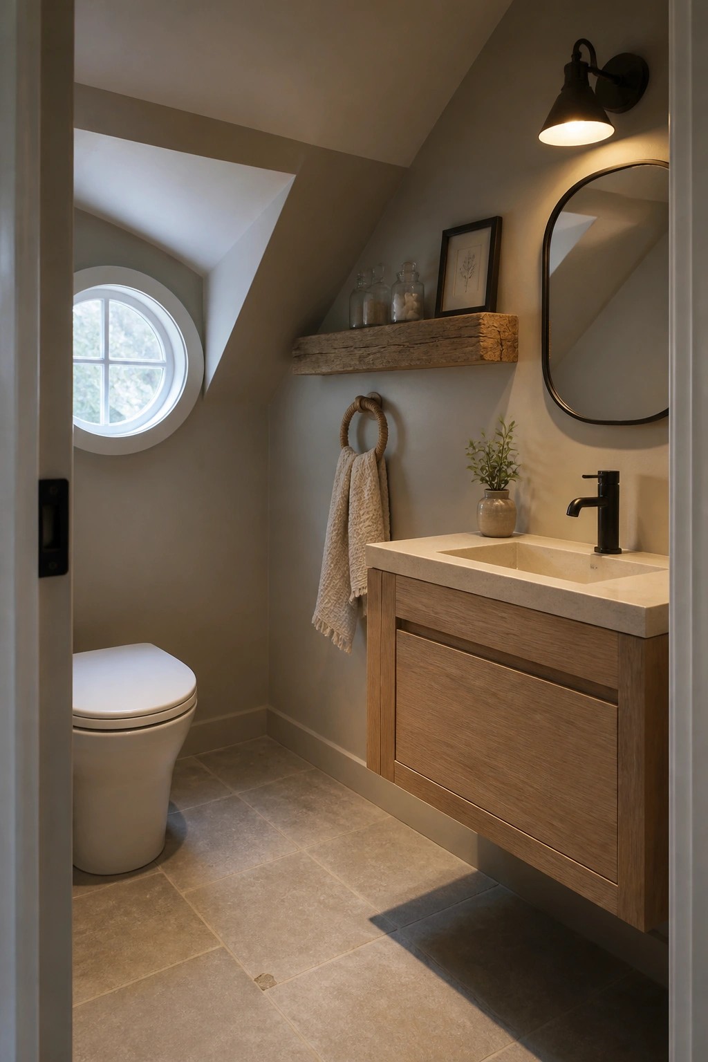 Modern bathroom featuring wooden vanity, floating sink, round mirror, toilet, and circular window.