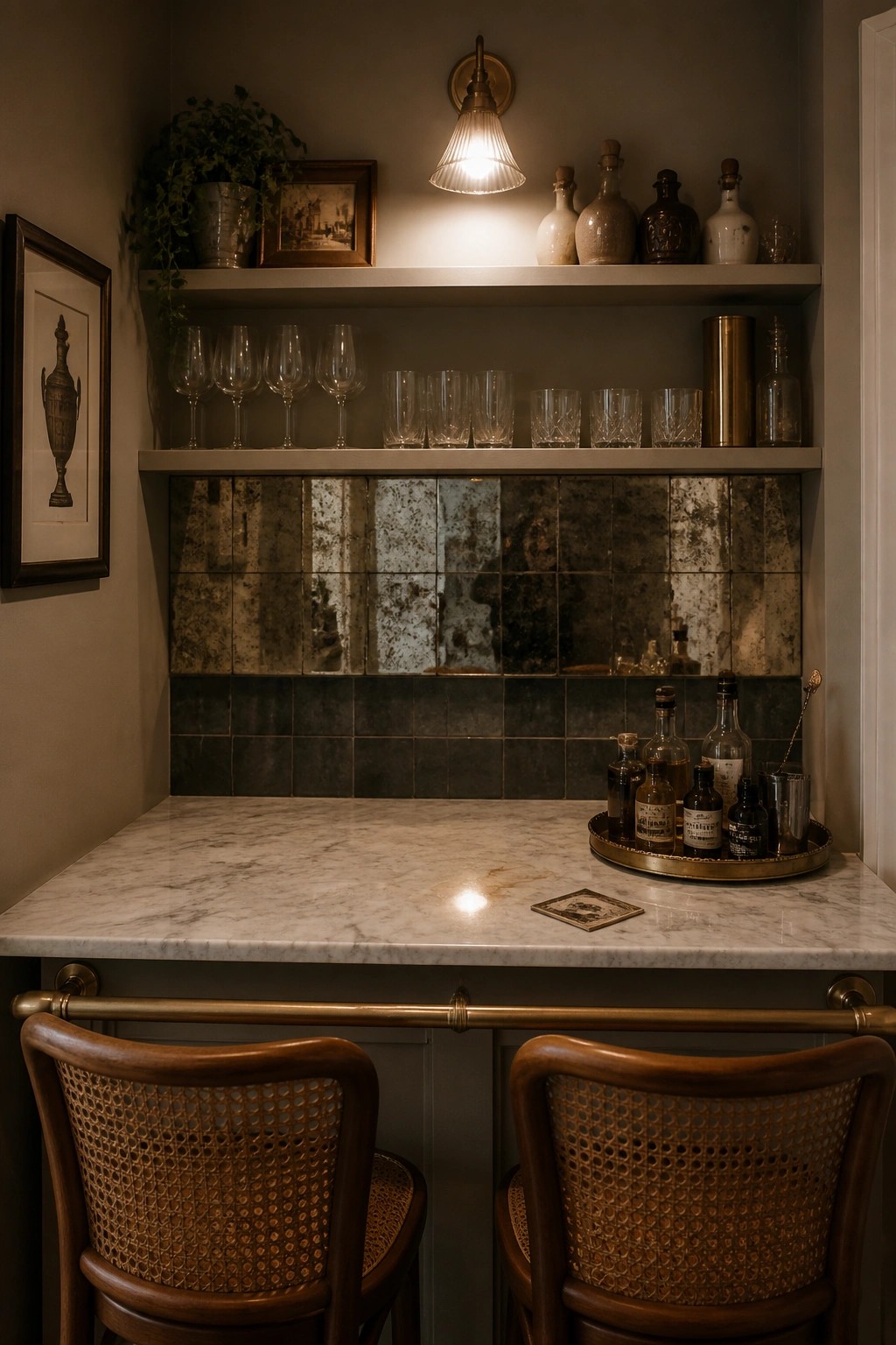 A compact home bar with a white marble countertop, two wooden chairs with woven backs, open shelves with glassware and bottles, and a mirror tile backsplash on a greige wall.