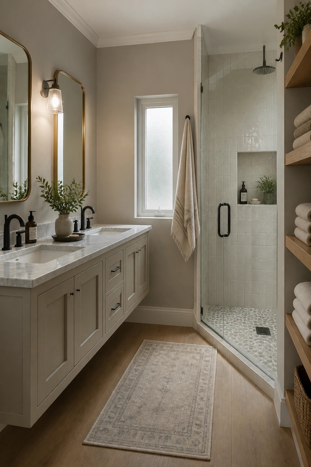 A bathroom with greige walls, a long white vanity with marble top, black fixtures, and a glass shower with white tile.