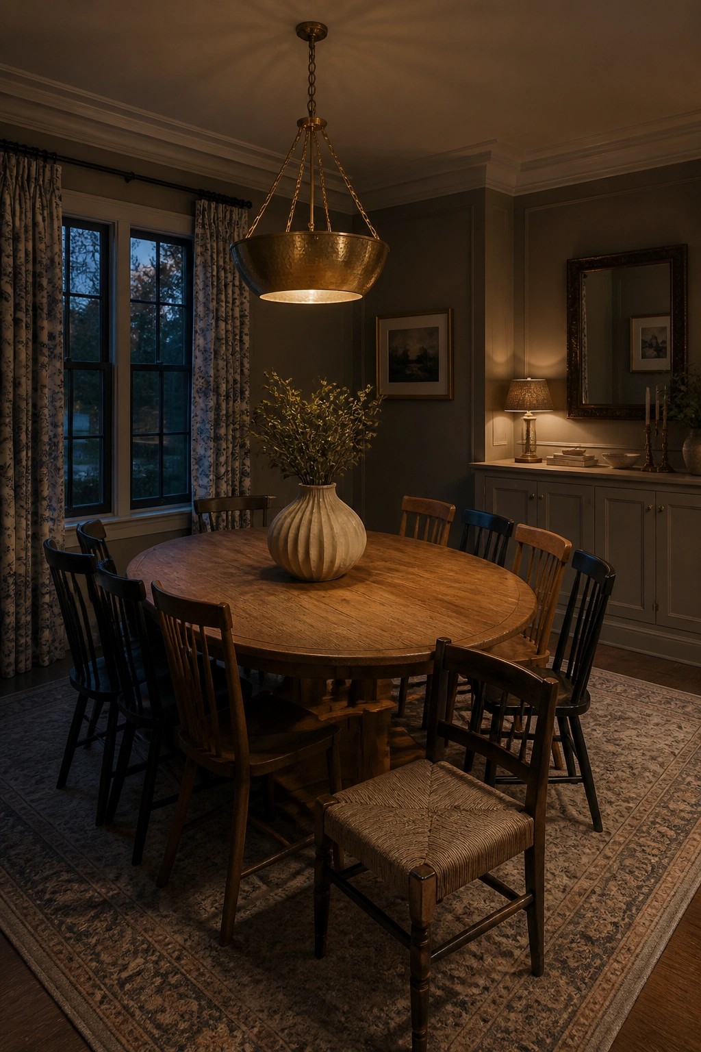 A dining room with a round wooden table, mismatched wooden chairs, a large brass pendant light, and muted greige walls.