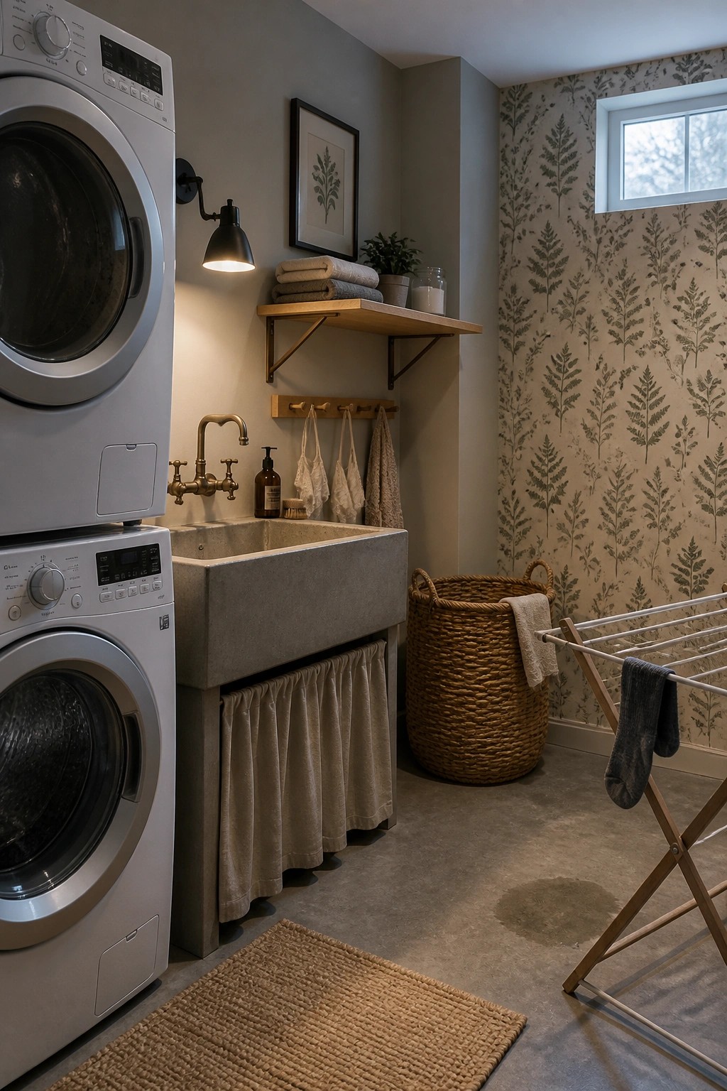 A laundry room with stacked white washer and dryer, a concrete sink, wooden shelf, woven basket, and drying rack against greige walls with fern-patterned wallpaper.