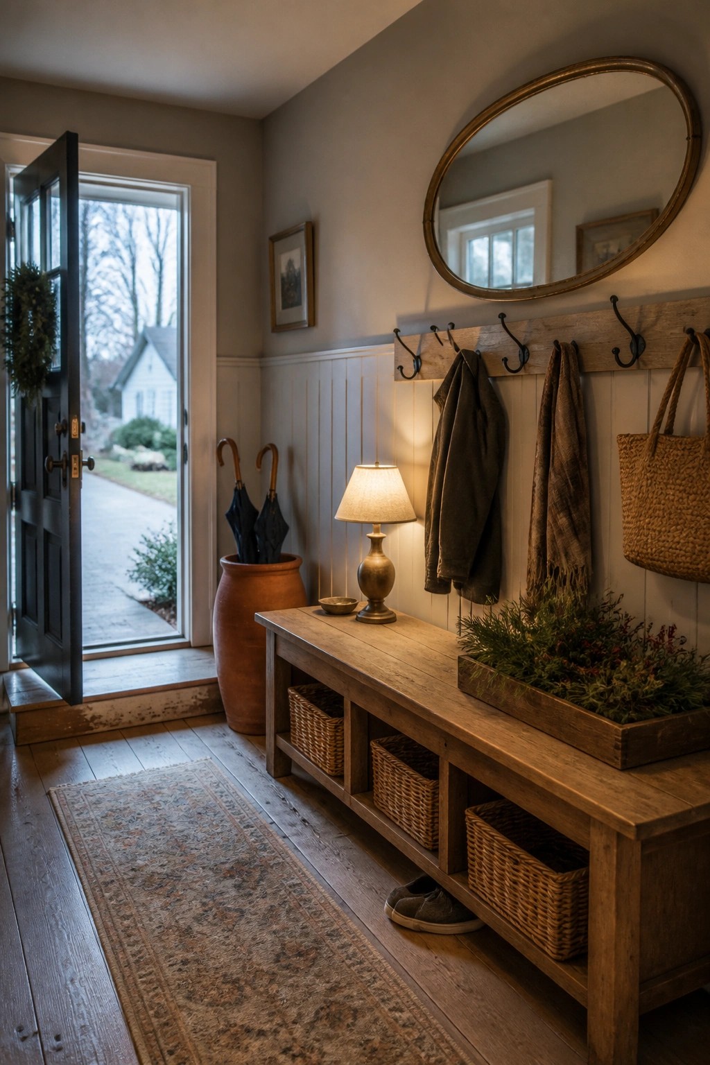 An interior entryway with light greige walls above white wainscoting, a wooden bench with baskets underneath, black hooks holding coats and a bag, a lit table lamp, and an open door leading outside.