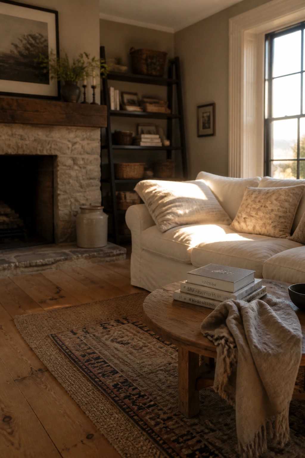 Cozy living room with white sofa, round wooden table, stone fireplace, and sunlit rug.