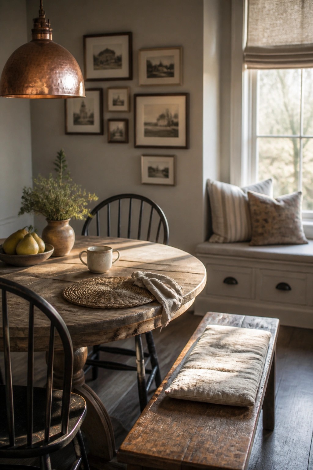 A rustic dining room with a round wooden table, black spindle-back chairs, a cushioned bench, and a gallery wall of framed pictures on greige walls.