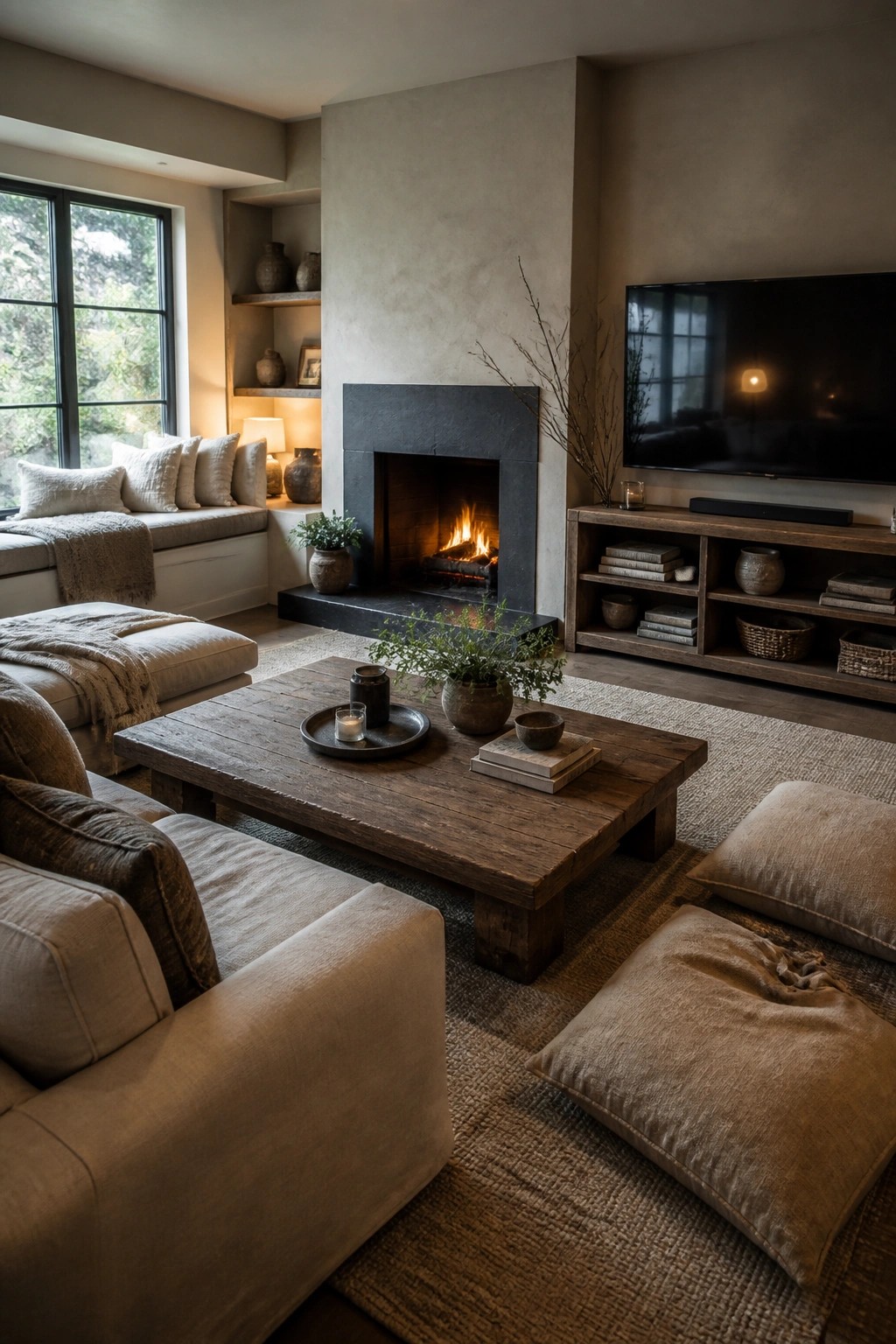 A living room interior with greige walls, a dark stone fireplace with a burning fire, a rustic wooden coffee table on a woven rug, and neutral upholstered seating.