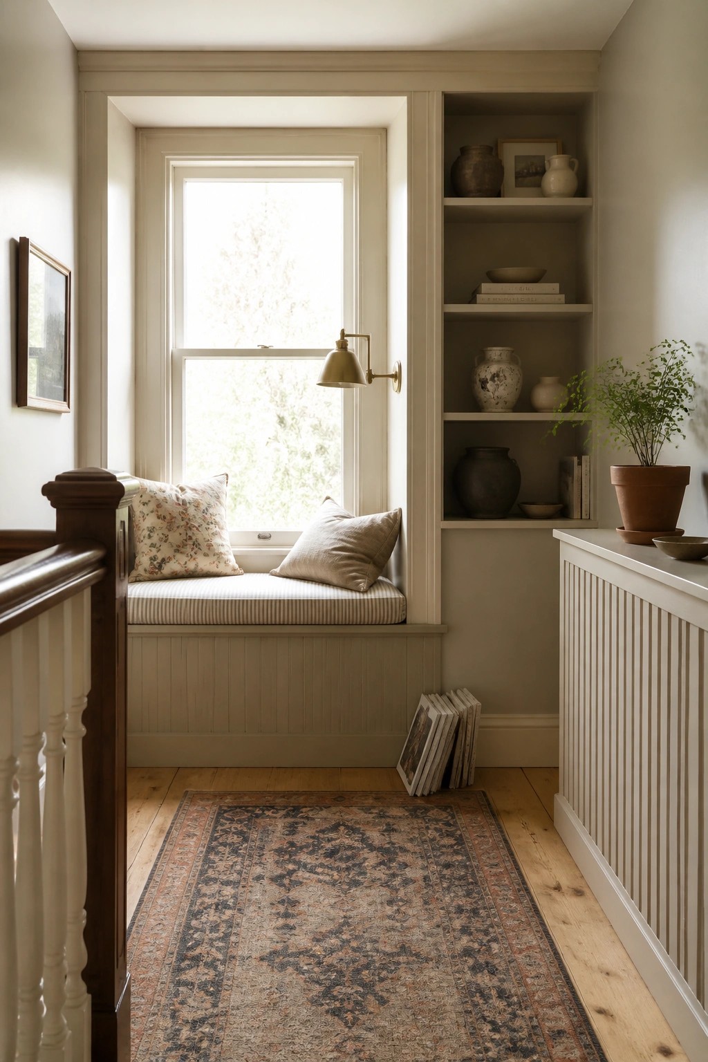 A window seat nook with built-in shelving painted in a soft greige color, featuring cushions, a wall sconce, and decorative items on the shelves.