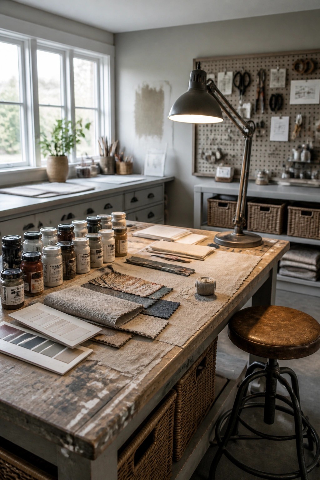 A rustic wooden work table holds rows of paint jars, fabric swatches, and material samples beneath a black desk lamp, with a pegboard of tools visible on the wall behind it.