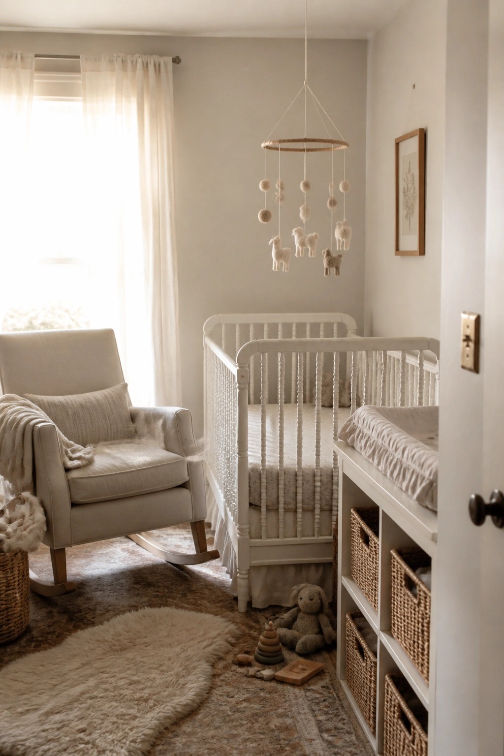 A nursery interior with greige walls, a white spindle crib, rocking chair, woven baskets, and neutral textiles.