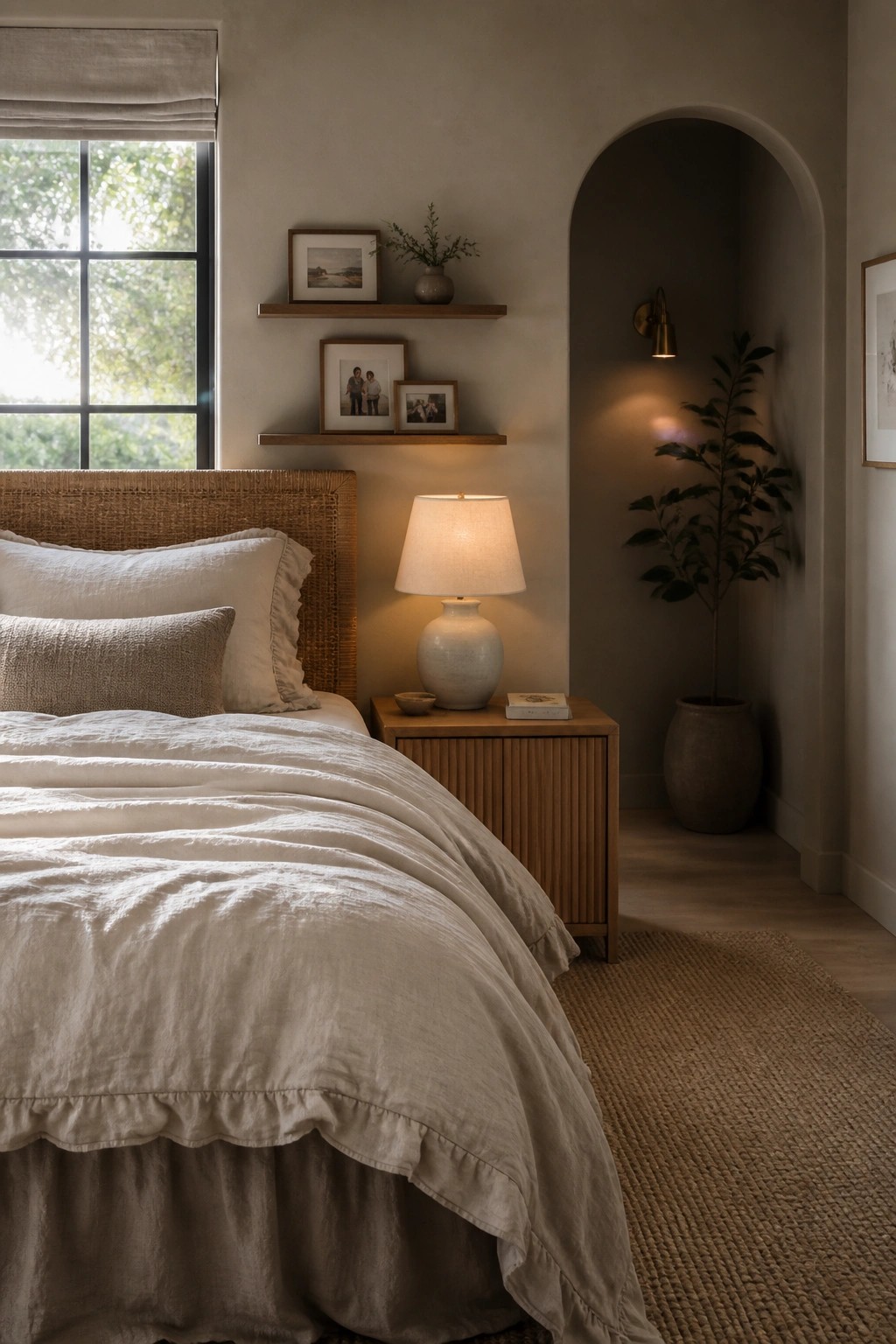 A bedroom featuring greige walls, a bed with white and beige linens, a wooden nightstand with a lamp, and floating wood shelves holding framed photos.