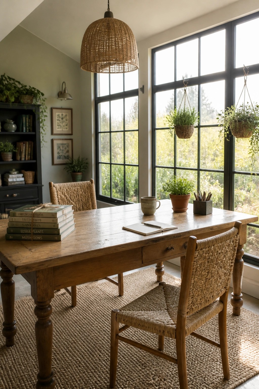 A rustic dining room with light greige walls, a wooden table, two woven rush chairs, stacked books, a mug, an open notebook, and large black-framed windows with hanging plants.