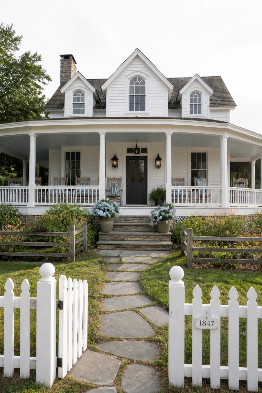 A white two-story farmhouse with a black front door, stone steps, a winding stone path, and a white picket fence in the foreground.