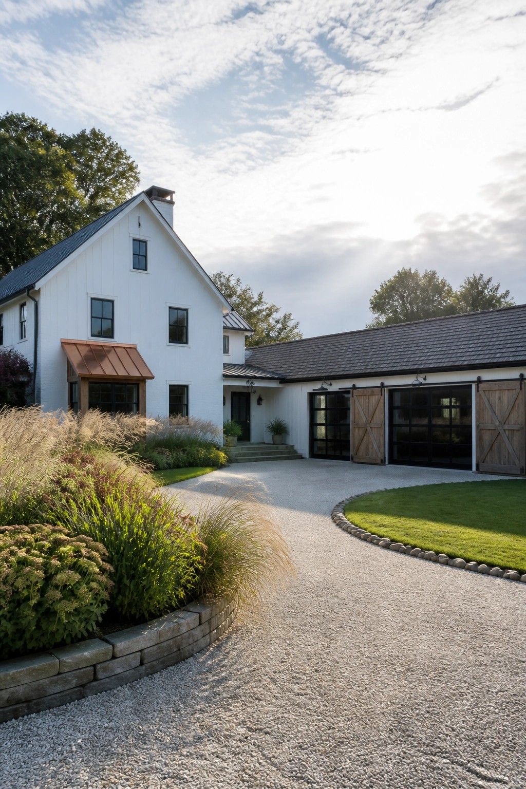 A white farmhouse with black-framed windows, a copper awning, and a garage that combines glass doors with wooden barn-style doors beside a gravel driveway.