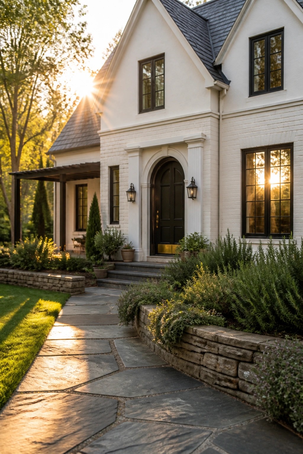 White brick farmhouse exterior with a dark arched front door framed by white columns, stone steps, and a stone pathway bordered by low garden beds.
