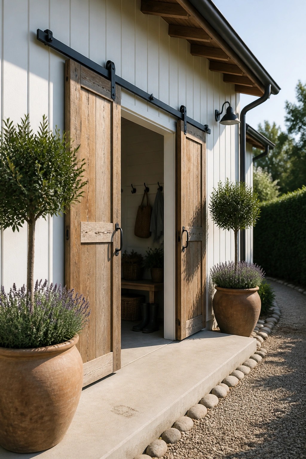 A white farmhouse exterior featuring wooden sliding barn doors, one partially open to reveal an interior entry with hooks and boots, bordered by large terracotta pots with greenery.