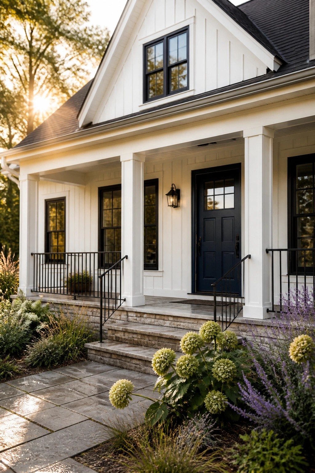 A white farmhouse with black window frames, a dark blue front door, and a covered porch featuring stone steps and black railings.