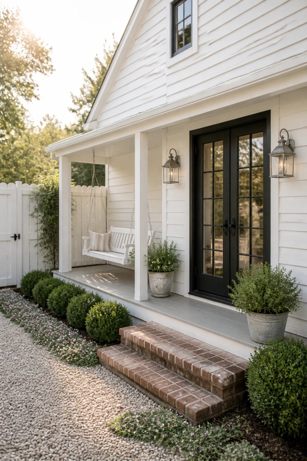 A white farmhouse exterior with black double doors, a covered porch holding a white swing, potted plants, brick steps, and a gravel path.
