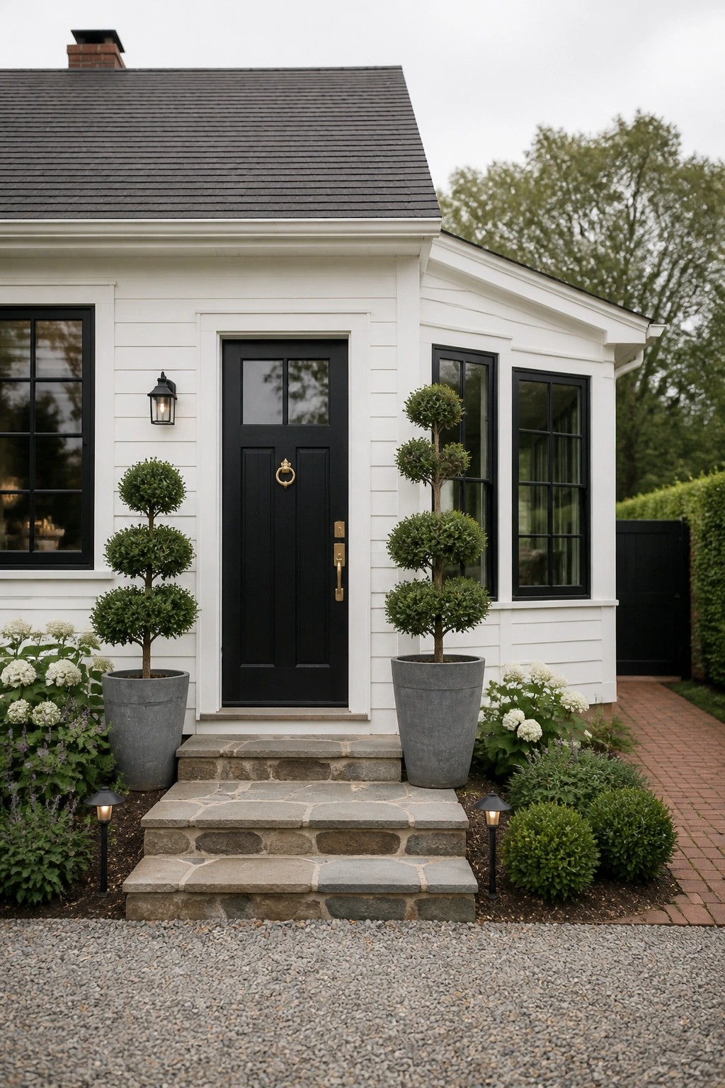 White farmhouse exterior with a black front door centered between black-framed windows, stone steps, and two large potted shrubs.
