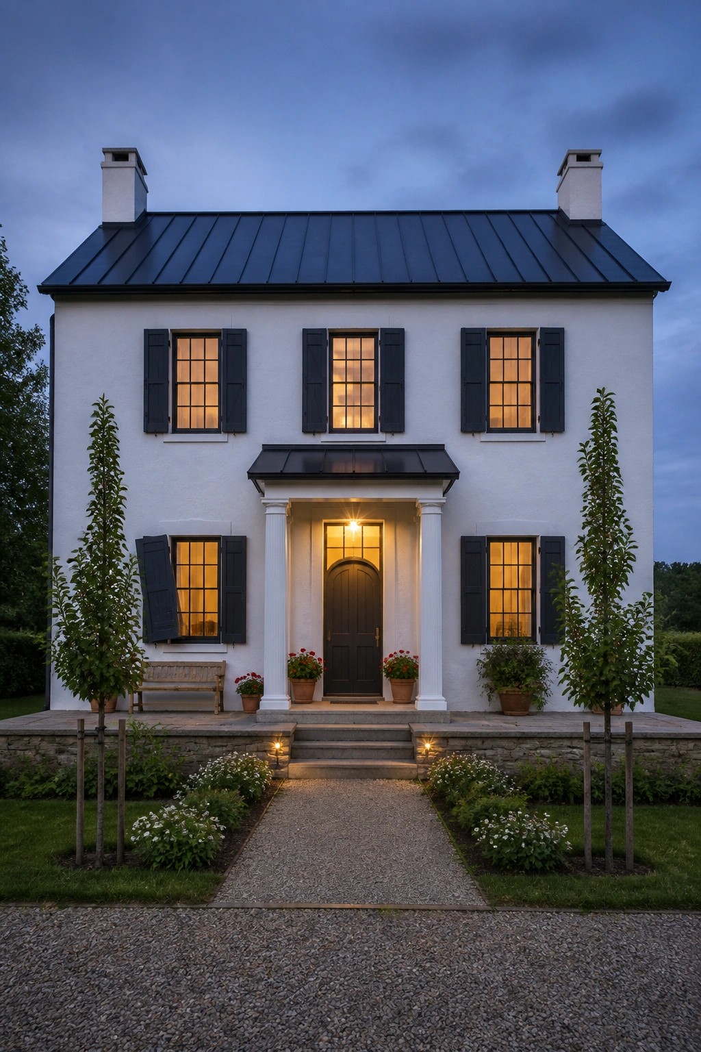 A two-story white house with black shutters, a dark metal roof, and a centered entry with white columns at dusk.