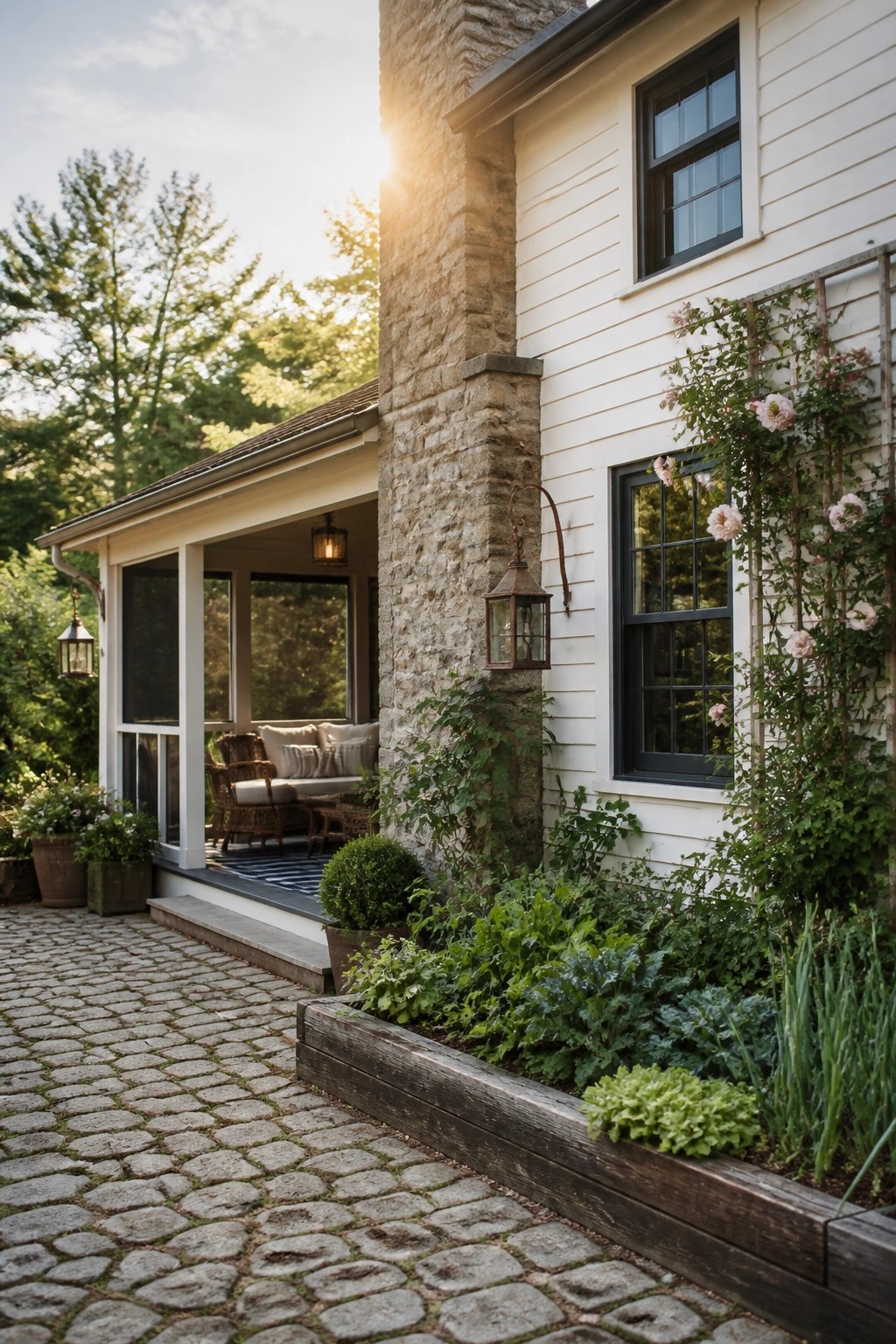 White farmhouse exterior featuring a tall stone chimney, black-framed windows, and a porch with climbing roses on a trellis beside a cobblestone walkway.