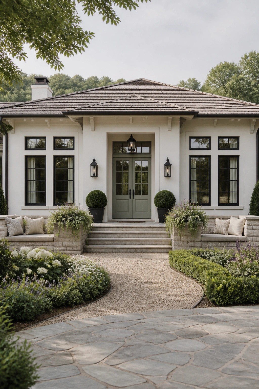 Elegant white house with green door, stone steps, gravel path, and lush landscaping.