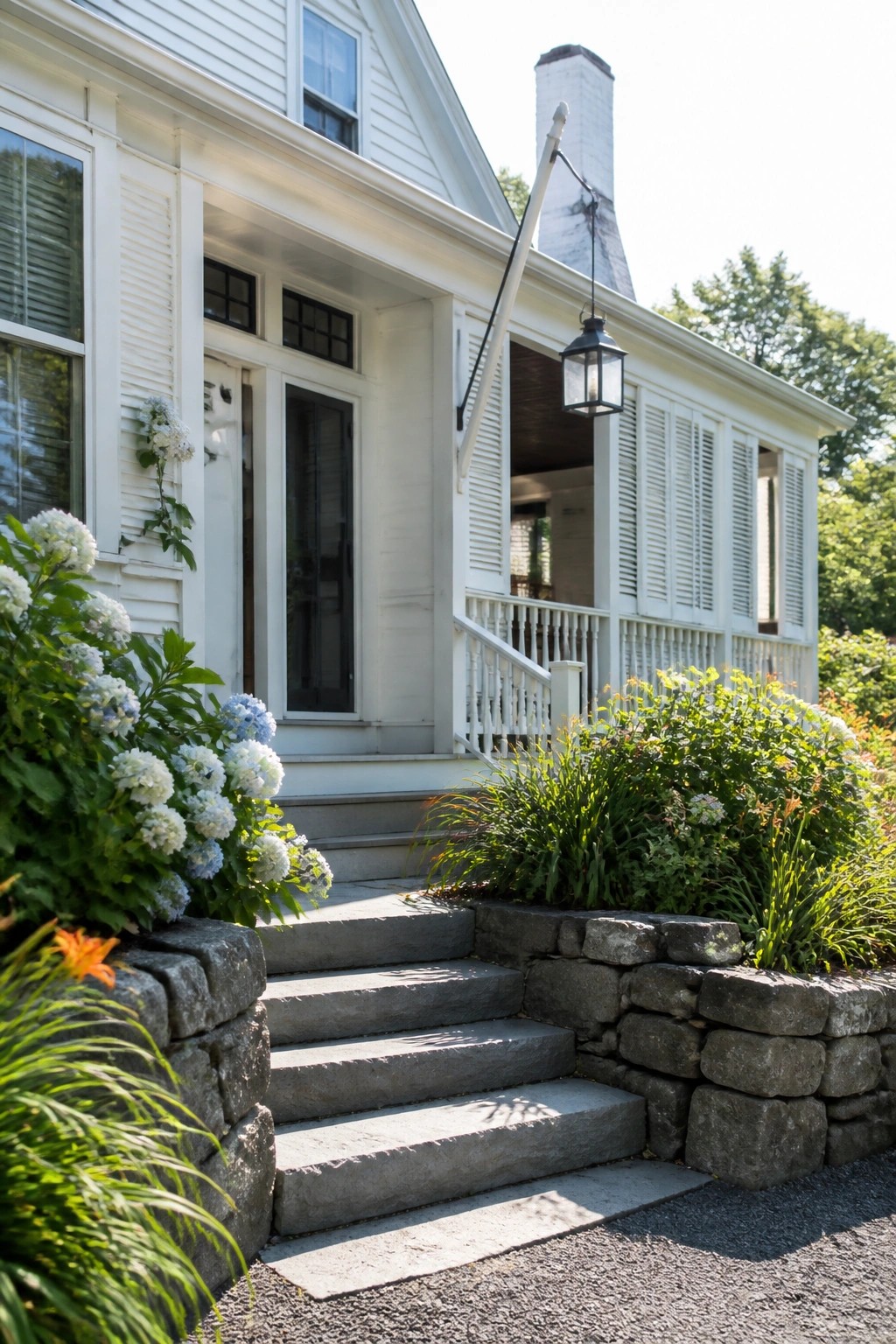 A white two-story farmhouse with a front porch, gray stone steps, black lantern, and flower beds along the entrance.