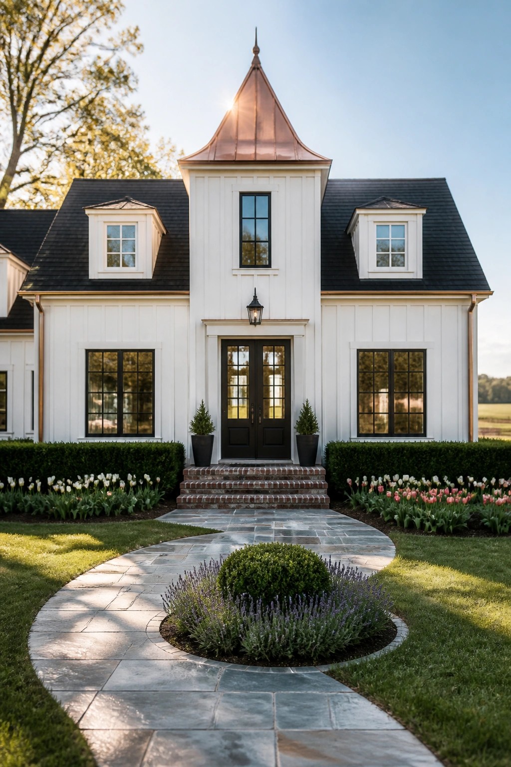 A white farmhouse with a central tower topped by a copper roof, black double doors, and a curved stone path leading to brick steps.