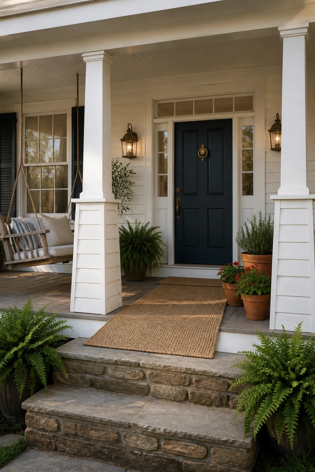 White porch with navy door, hanging swing, woven rug, potted ferns on stone steps