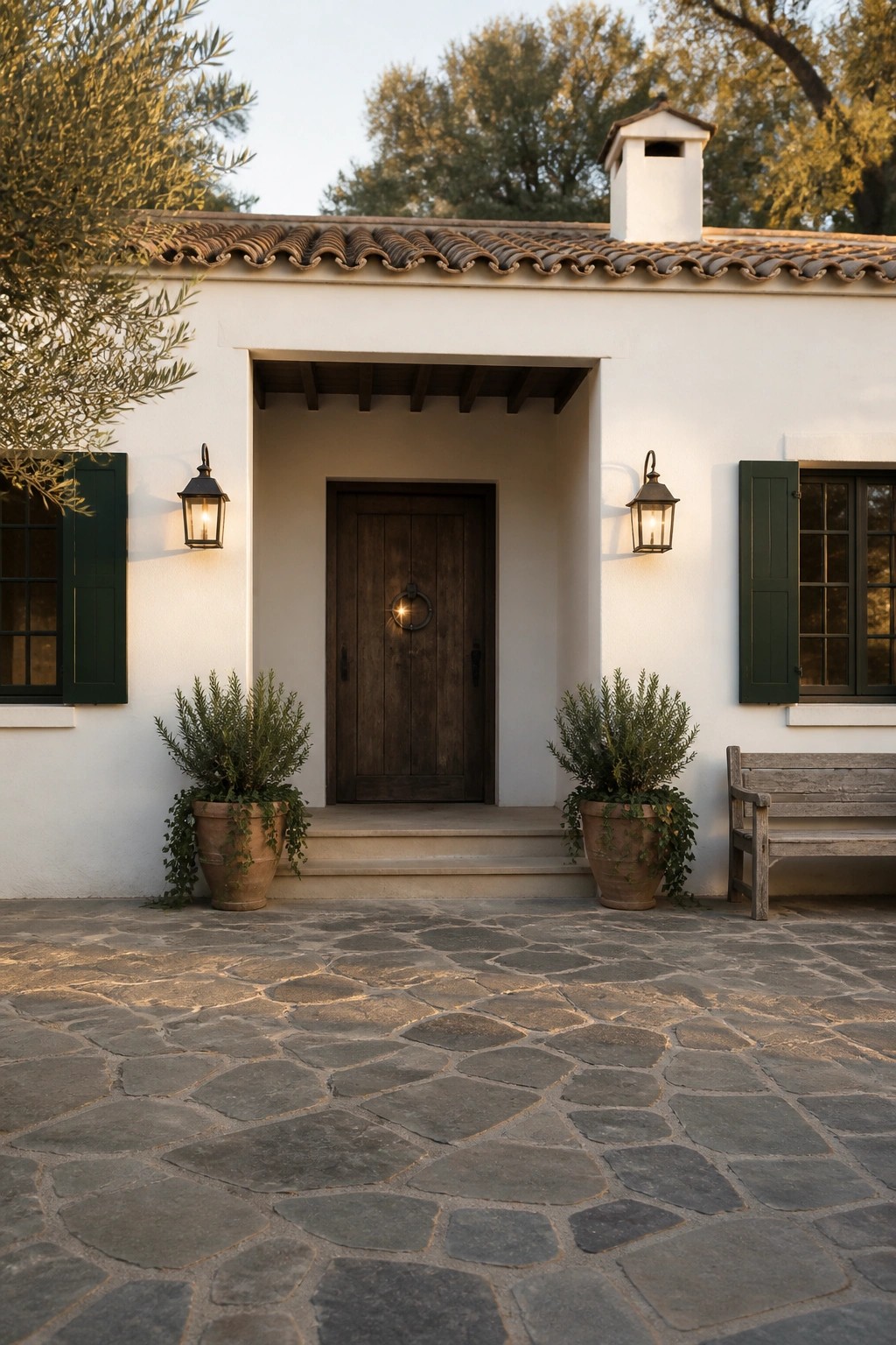 A white house entrance with a dark wooden door, two black lanterns on either side, and potted plants on the steps leading to a stone courtyard.