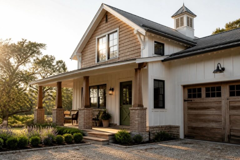 White farmhouse with green door, wooden porch columns, cupola, and gravel drive
