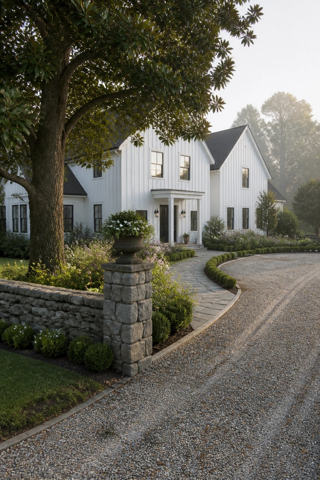 White two-story farmhouse with black roof and windows, stone pillar and low wall beside a gravel driveway curving toward the front entrance.