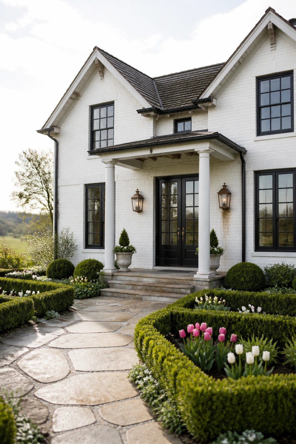 A white brick farmhouse exterior with black window frames, black double front doors under a columned porch, and a stone pathway leading through landscaped gardens.