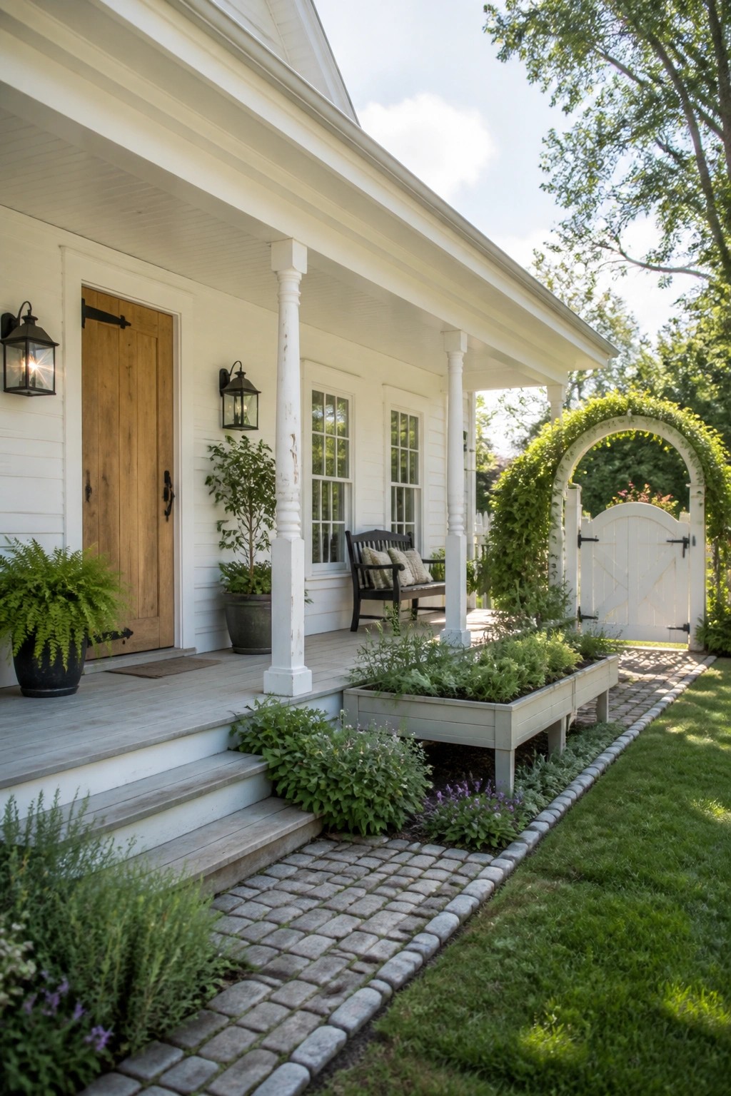 A white farmhouse exterior with a natural wood front door, white porch columns, black lanterns, raised planter boxes, and a cobblestone path leading to an arched garden gate.
