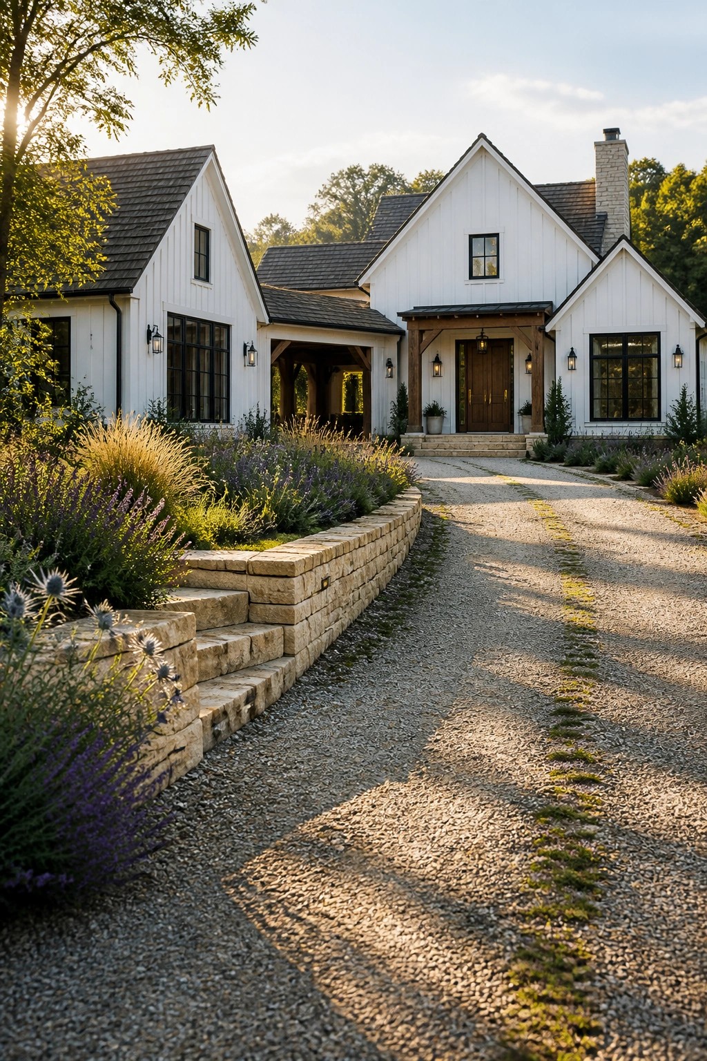 A white farmhouse exterior with black-framed windows, a wooden front door, stone chimney, and a gravel driveway bordered by stone retaining walls and flowering plants.