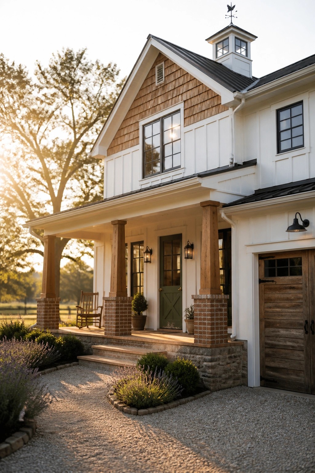 White farmhouse with green door, wooden porch columns, cupola, and gravel drive