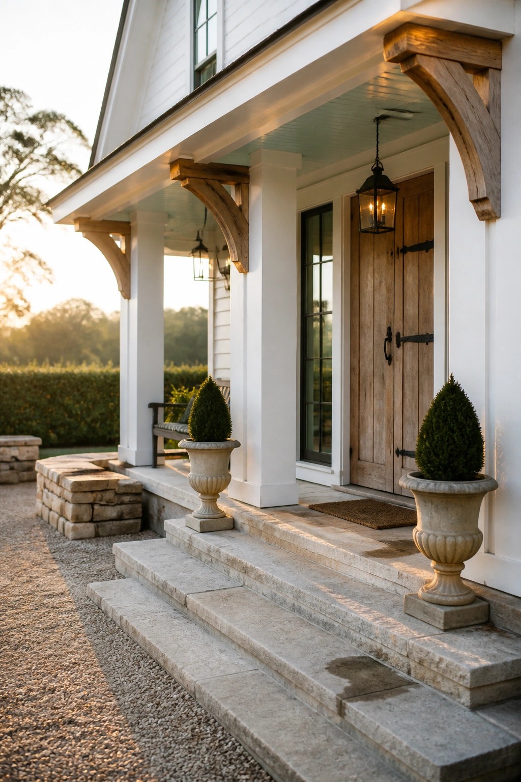 A white farmhouse porch with wooden brackets, stone steps, potted shrubs, and a wooden front door.