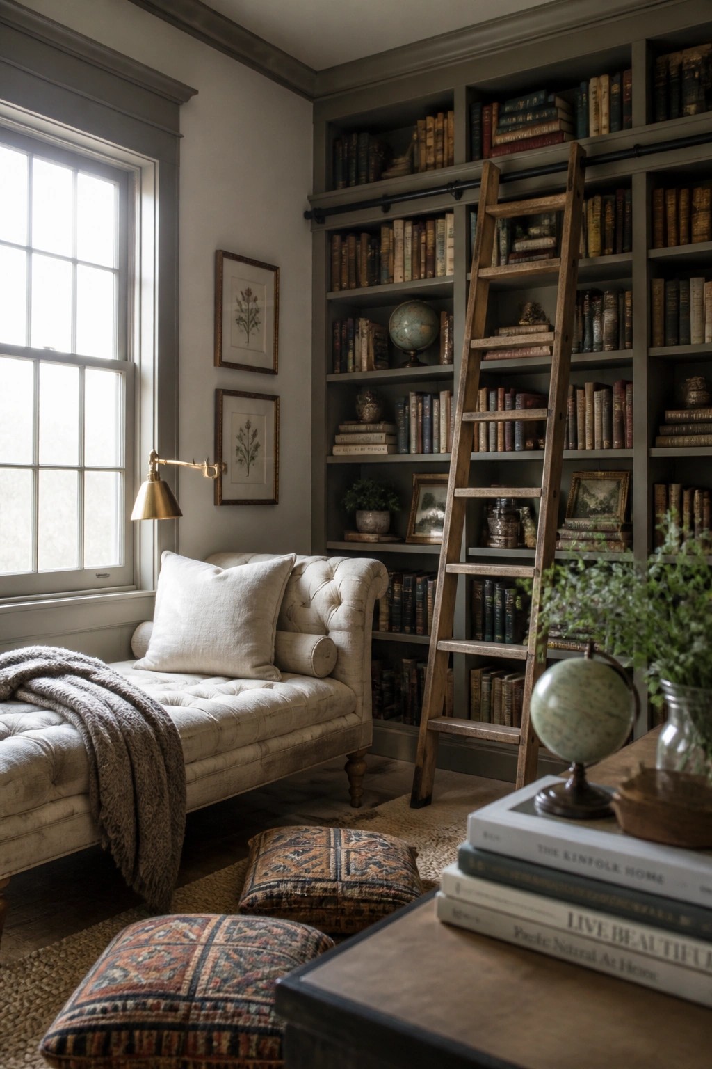 A farmhouse reading nook with built-in bookshelves painted greige, a tufted chaise lounge, a wooden rolling ladder, and patterned floor cushions near a window.