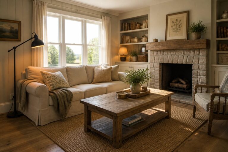 A living room with greige walls, a white sofa, wooden coffee table, built-in shelves, and a stone fireplace.