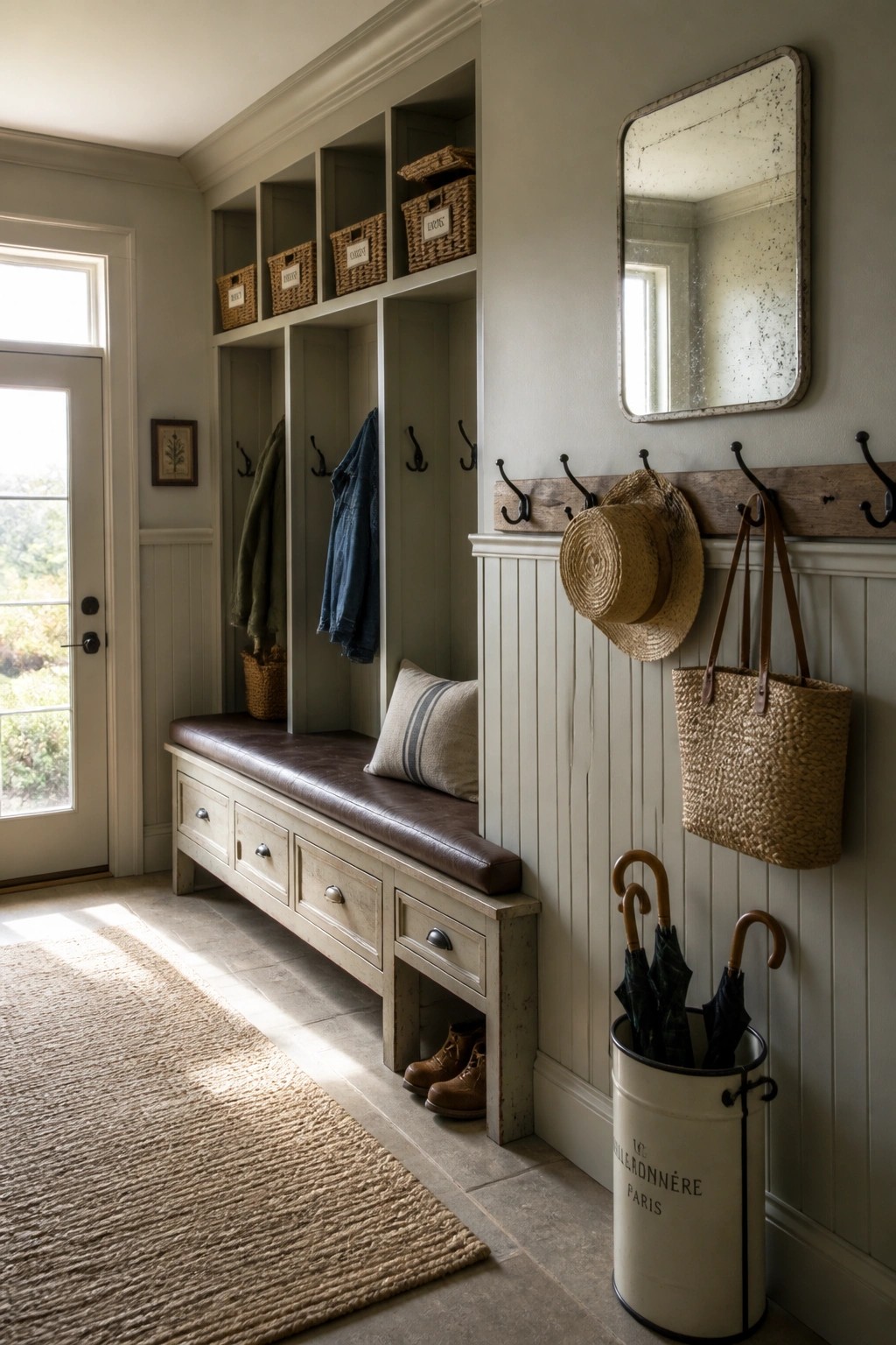 A mudroom interior with built-in cubbies, bench seating, and wall hooks all painted in the same soft greige tone, along with woven baskets and hanging hats.