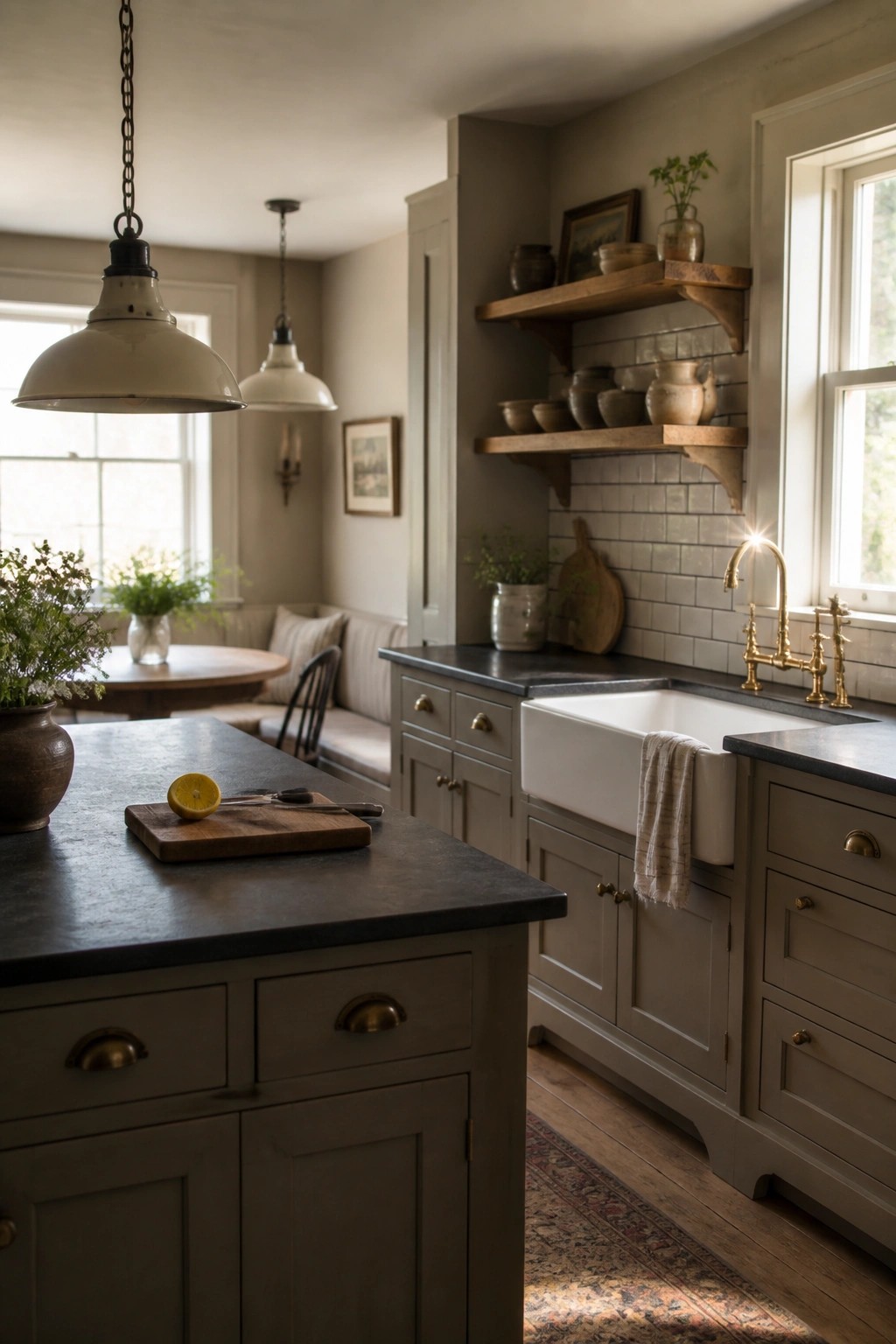 A kitchen interior with greige painted cabinets, a white farmhouse sink, dark countertops, and wooden floating shelves.